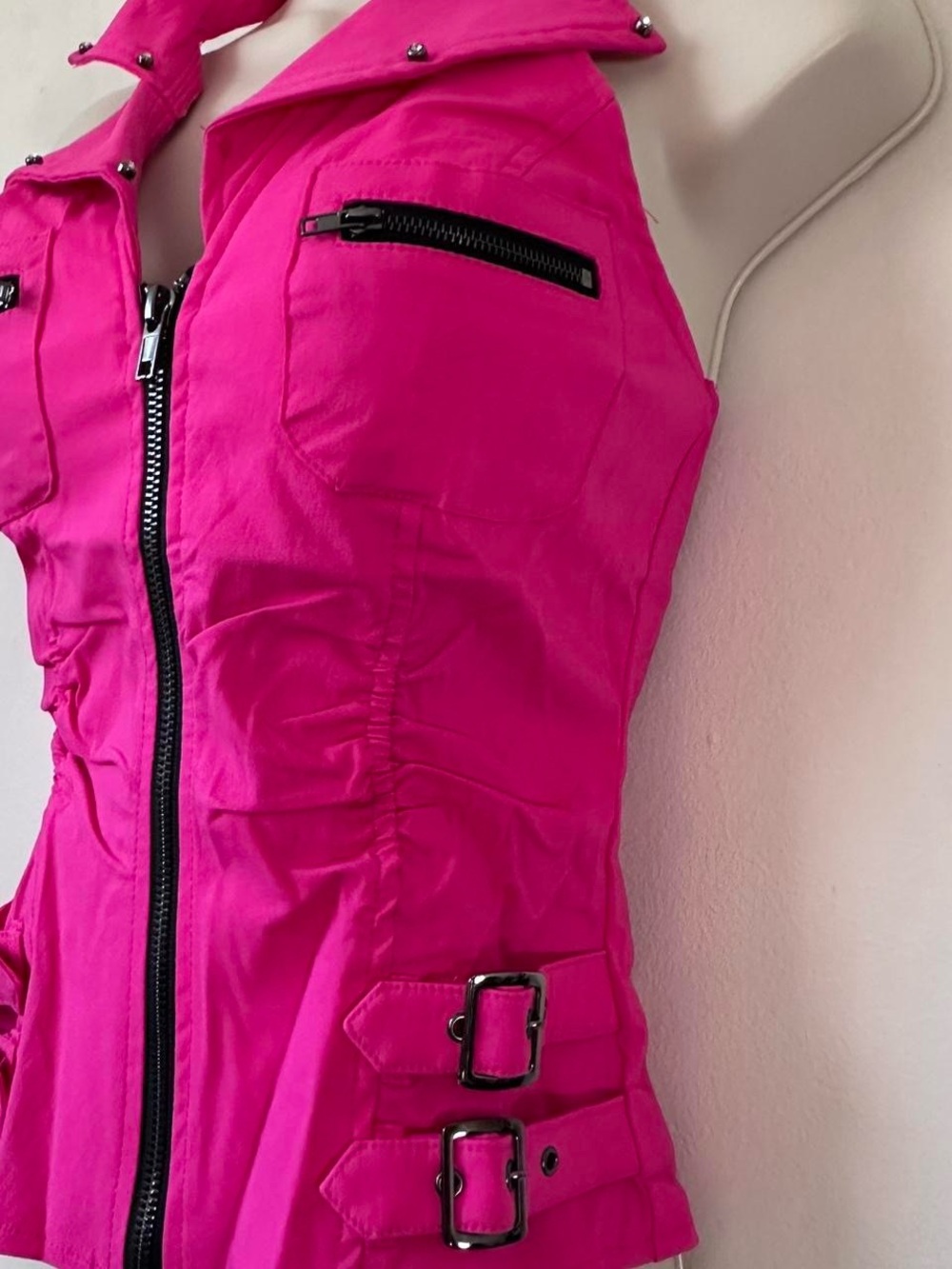 Hot Pink Stud-Trim Sleeveless Zip Front Jacket - Picture 3 of 7